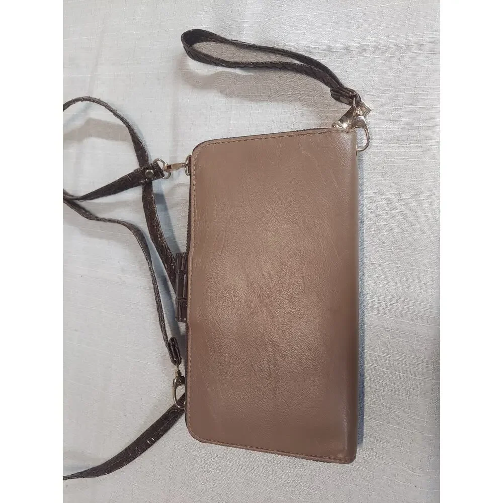 Womens Wallet Crossbody Bag Tan Brown Crocodile Embossed Removable Strap